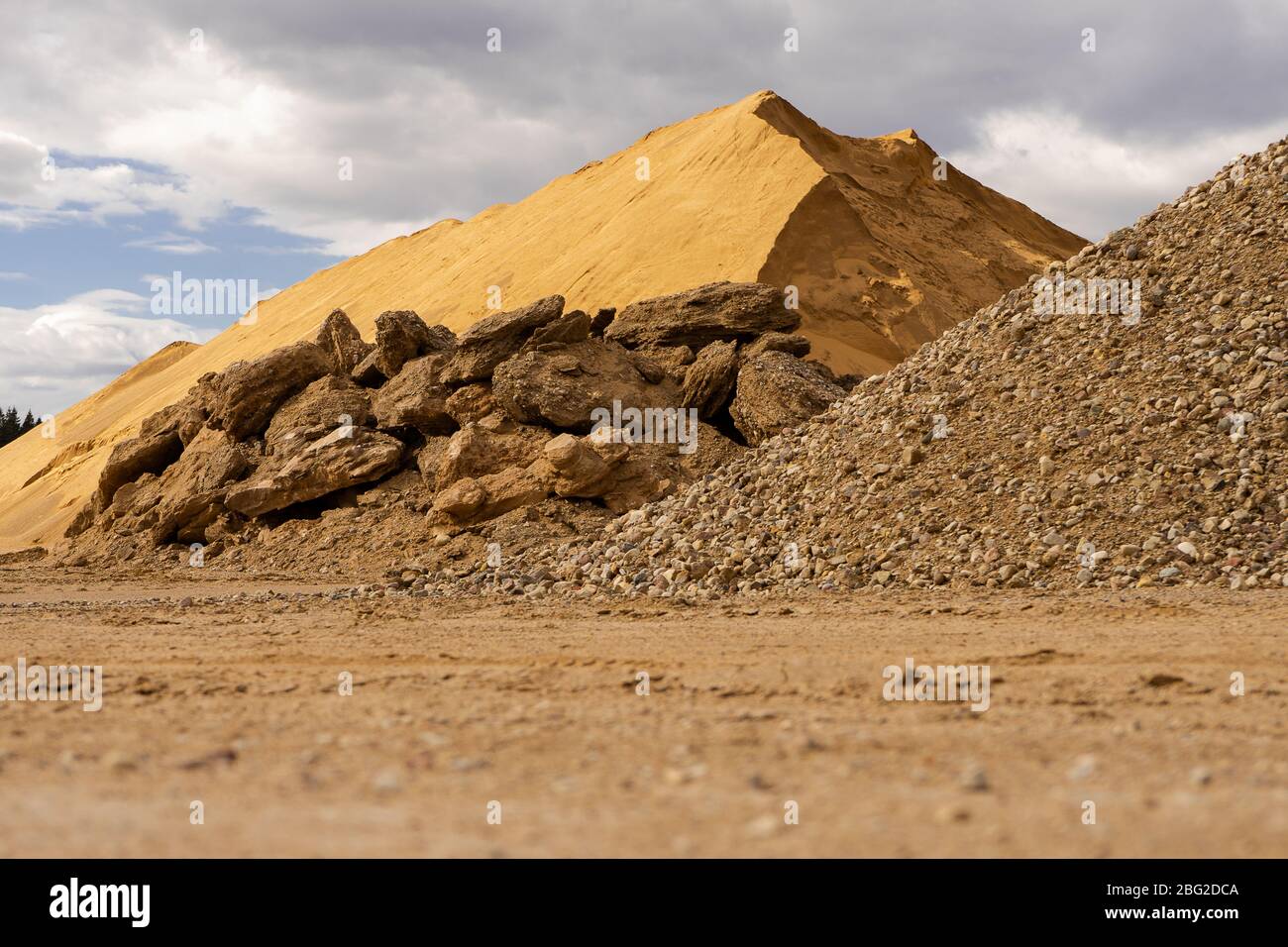 Open pit gravel mining. Large piles of construction sand and gravel ...