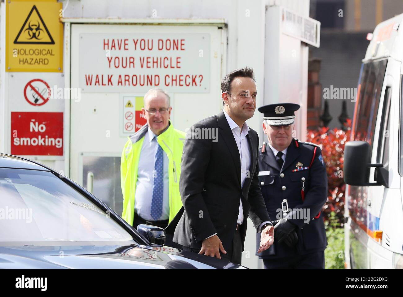 Taoiseach Leo Varadkar arrives for a visit to the Civil Defence Dublin Branch on Wolfe Tone Quay to receive a briefing on the contribution by Volunteers to the Covid-19 response. Stock Photo