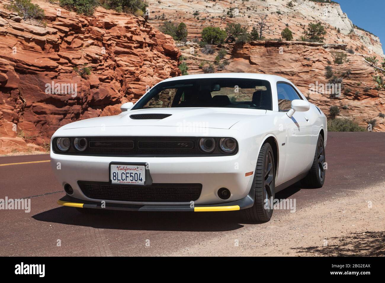 2019 Dodge Challenger R/T HEMI V8 in Zion National Park, Utah, USA. Stock Photo