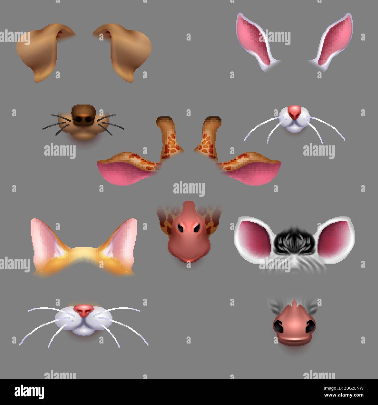 Animal ears and noses. Vector selfie photo filters animals faces masks