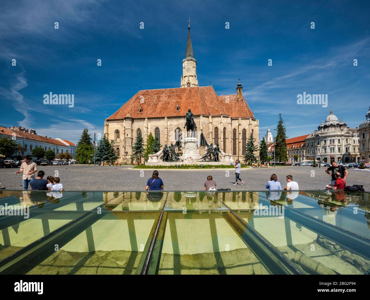 Archaeological exhibition, statue of Matthias Corvinus, King of Hungary, St Michael's Church, at