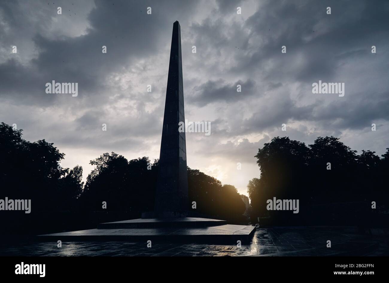 Pillar monument at cloudy sky in the Park of Eternal Glory in Kiev, Ukraine Stock Photo