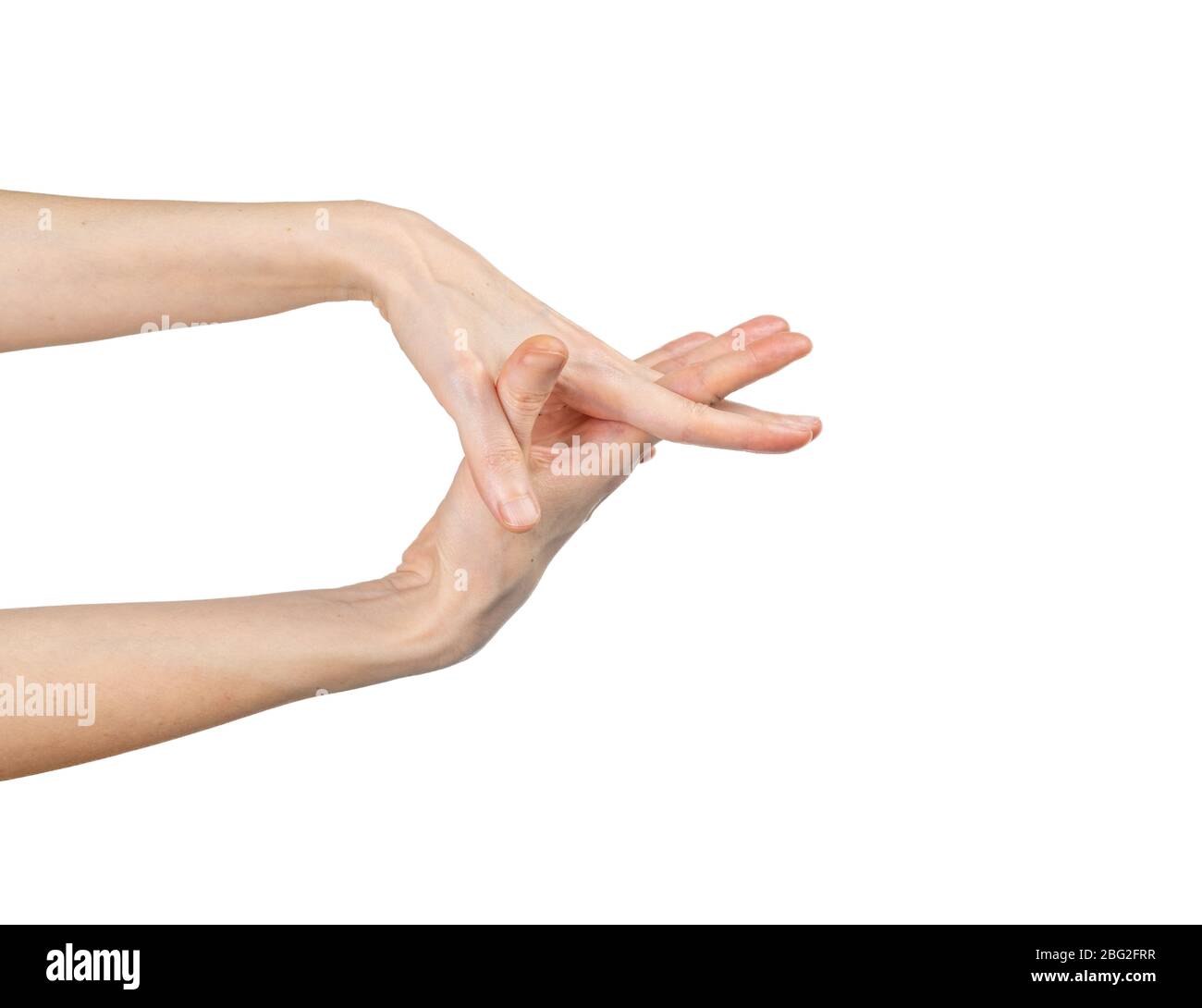 Caucasian woman washing her hands isolated on white background. Demonstration of hand washing. Concept of hygiene and prevention coronavirus. Stock Photo