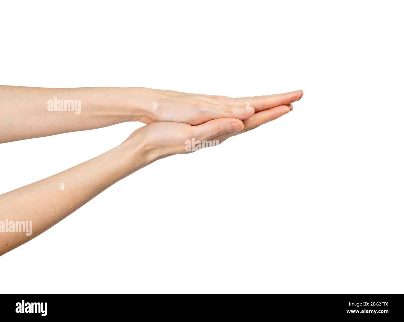 Caucasian woman washing her hands isolated on white background. Demonstration of hand washing. Concept of hygiene and prevention coronavirus. Stock Photo
