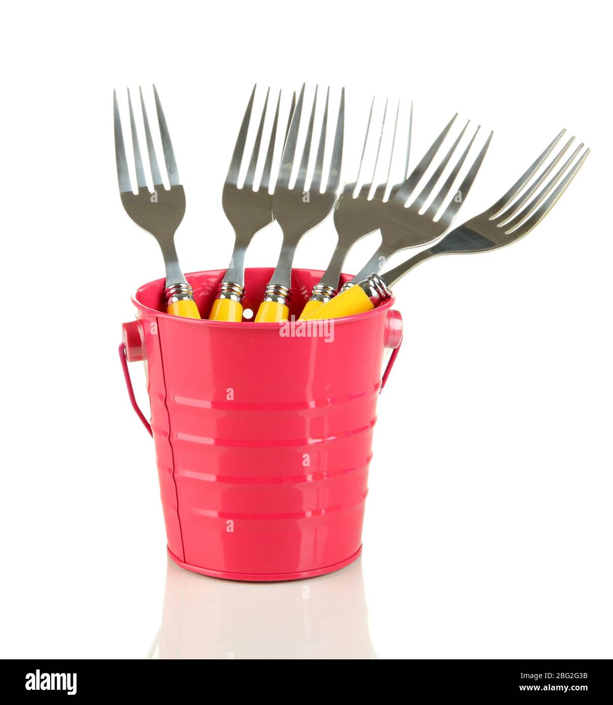 Forks in metal bucket, isolated on white Stock Photo Alamy