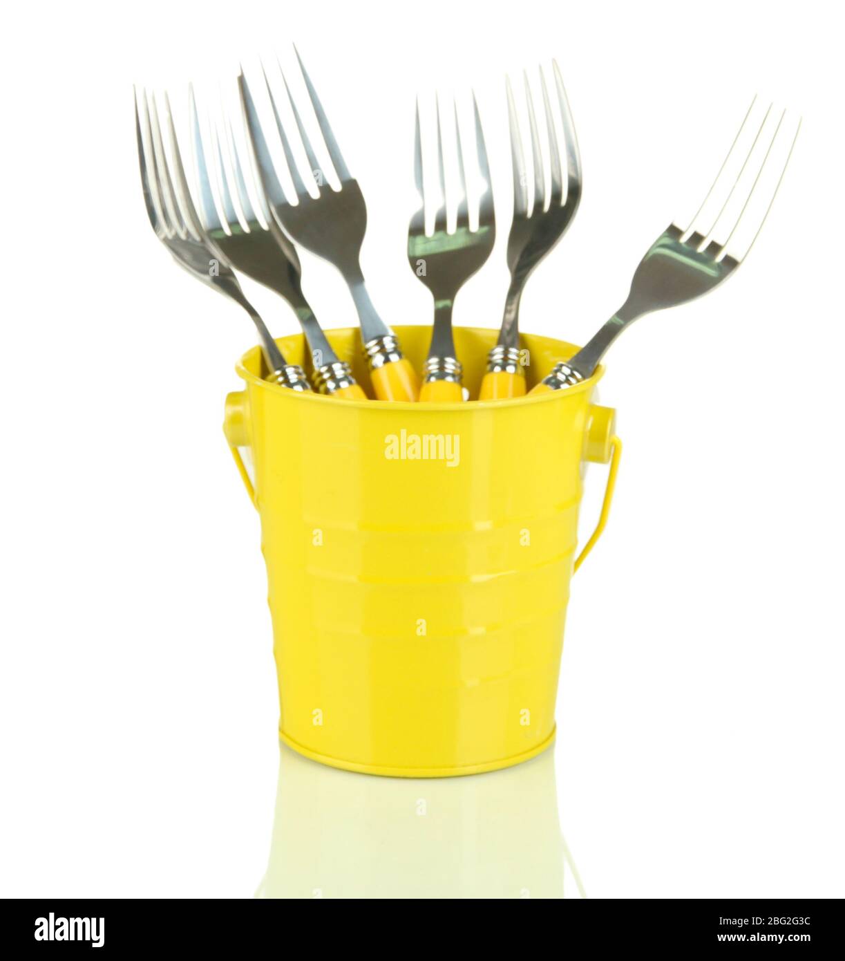Forks in metal bucket, isolated on white Stock Photo Alamy