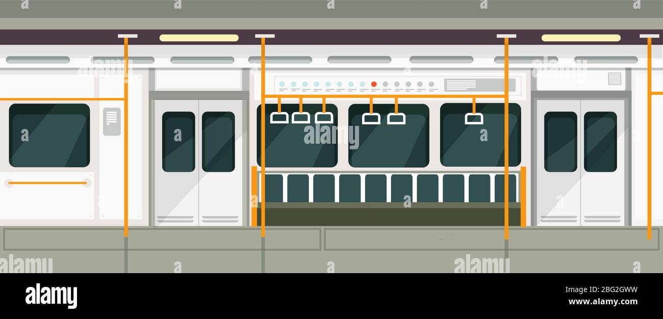 Empty subway train inside view. Metro carriage vector interior. Transport train subway interior empty illustration Stock Vector