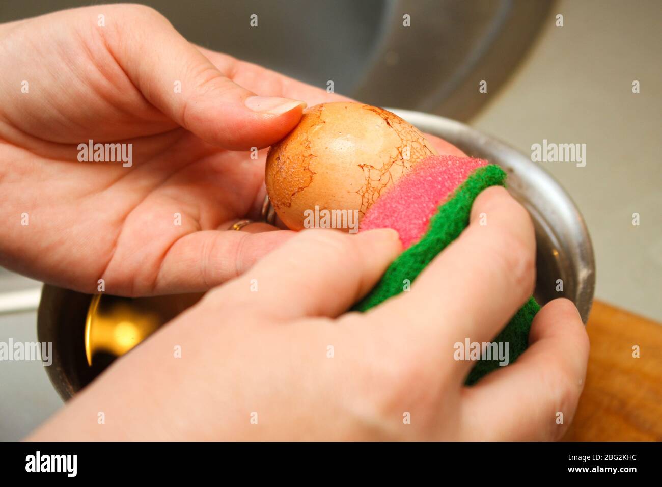 Serial of egg shell bleaching procedure for coloring eggs for Easter