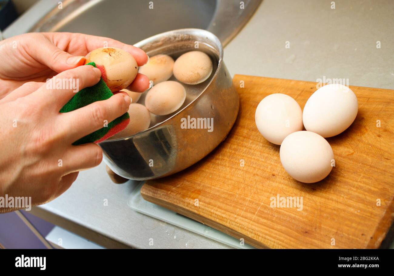 Serial of egg shell bleaching procedure for coloring eggs for Easter