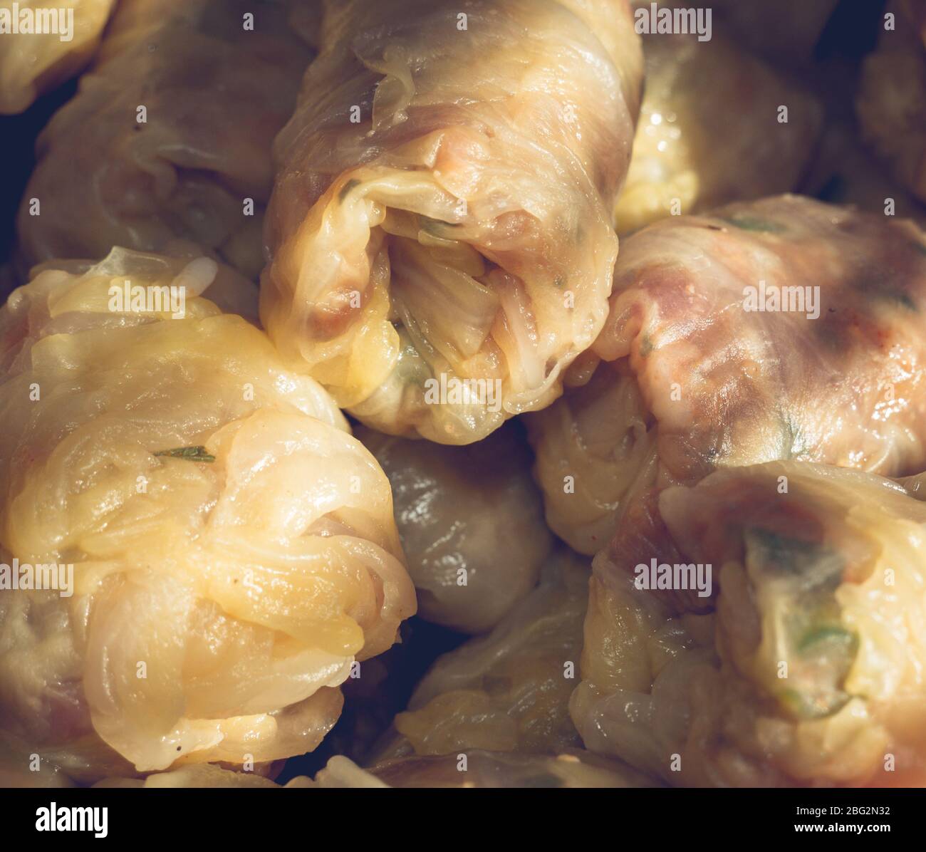 Close up with meat rolls in cabbage leaves. Sarmale, romanian traditional cuisine made from rice, pork or beef meat and vegetables. Stock Photo