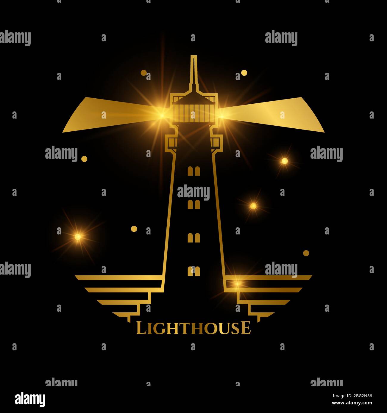 Nautical golden shiny lighthouse logo and label on black. Vector illustration Stock Vector
