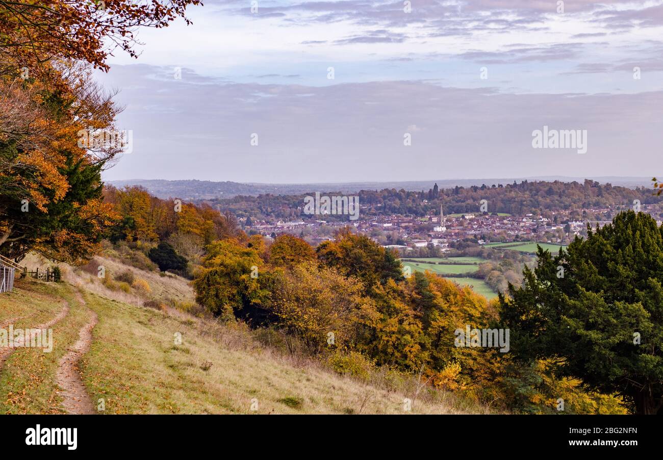 View of Dorking from Ranmore Common, Surrey Hills, UK Stock Photo