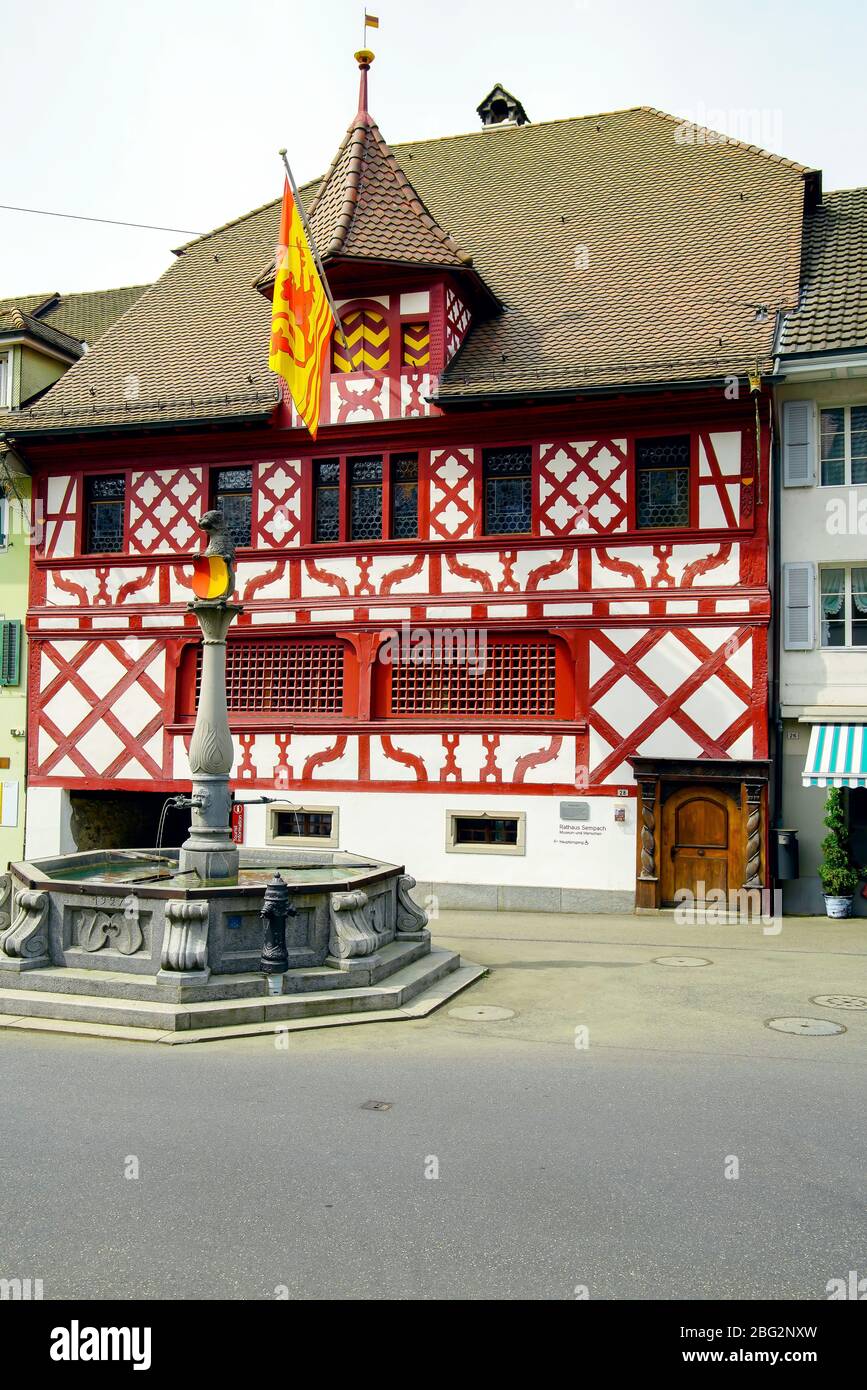 Street view of Town Hall (Rathaus)  in Sempach, Canton Lucerne, Switzerland. Stock Photo