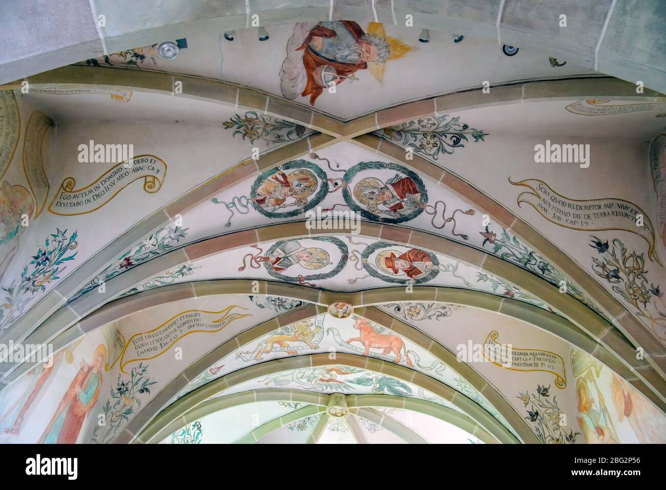 Medieval wall paintings inside St. Martin romanesque church in Kirchbühl near Sempach, Canton Lucerne, Switzerland. Stock Photo