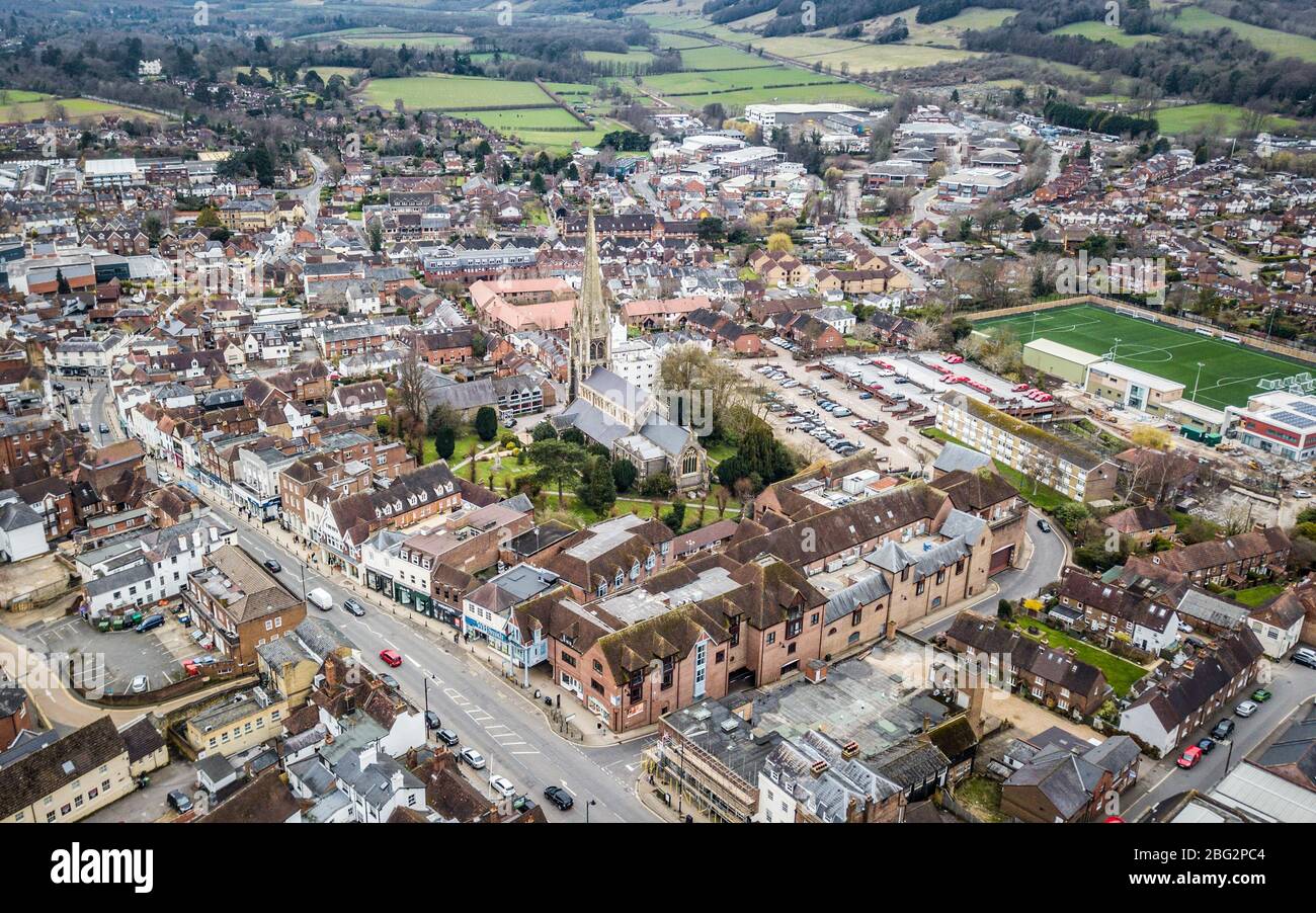 Aerial view of Dorking, a historic market town in the Surrey Hill, UK Stock Photo