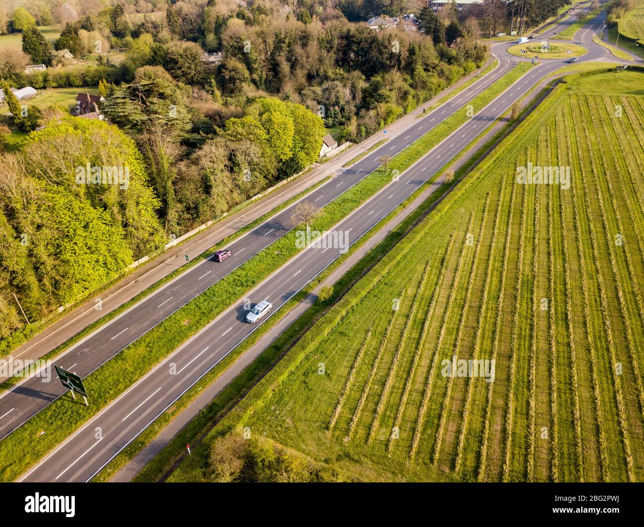 The A24 road in Surrey from above, through the beautiful Surrey Hills