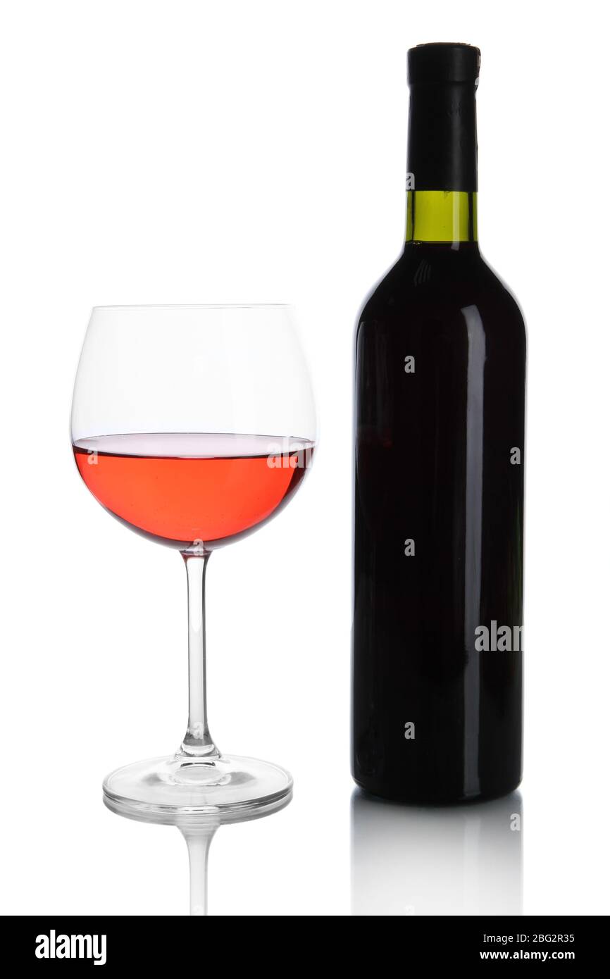Red wine glass and bottle of wine isolated on white Stock Photo - Alamy