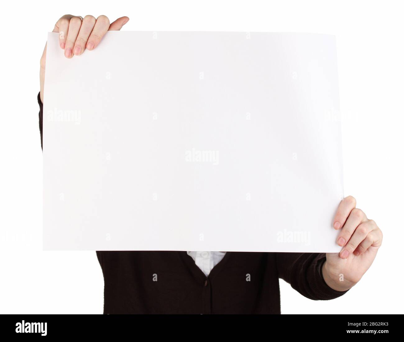 Woman holding blank sign in front her face, isolated on white Stock ...