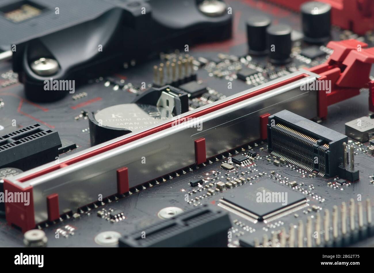 close-up pcie x16 slot on computer msi mainboard Stock Photo