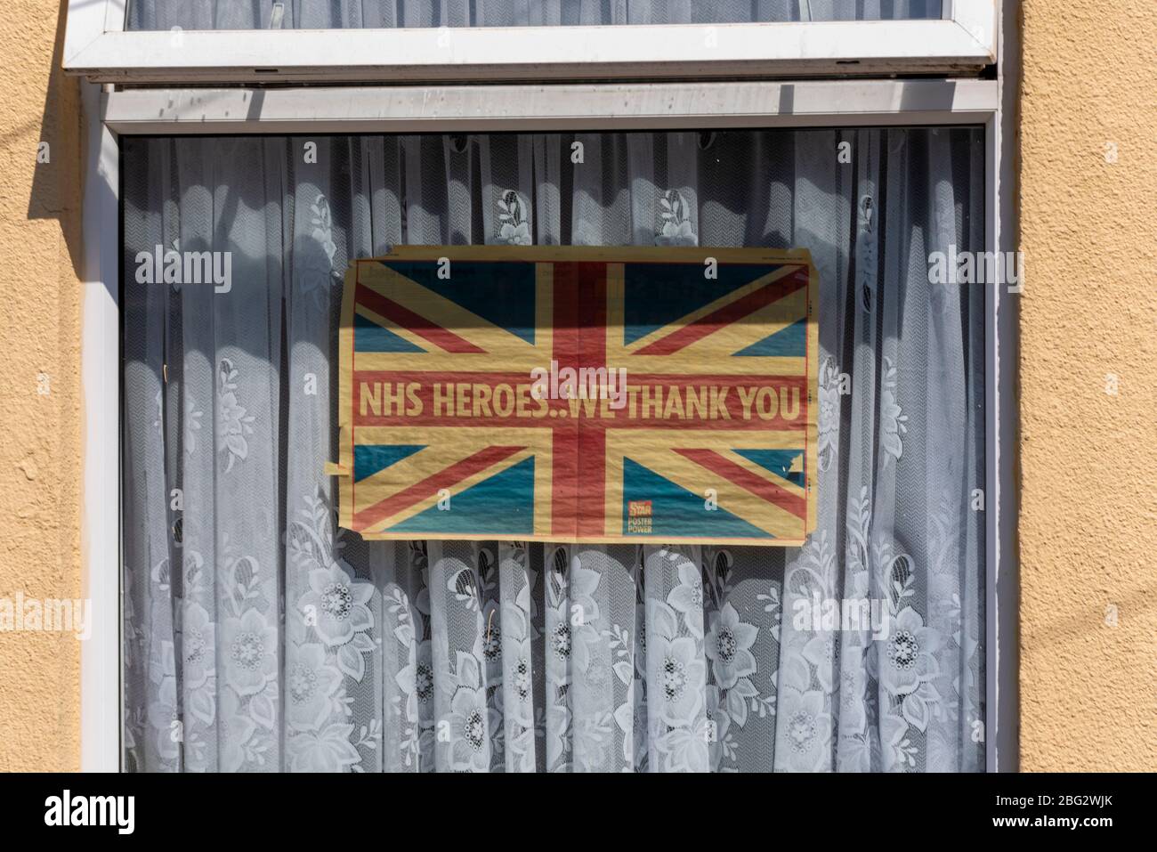 NHS heroes we thank you window message during the COVID-19 Coronavirus lockdown in Westcliff, Southend on Sea, Essex, UK, near Southend Hospital Stock Photo