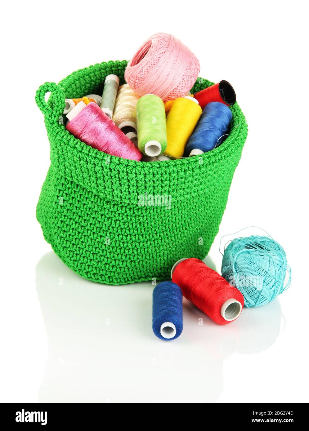 Colorful yarn for knitting in green basket isolated on white Stock ...