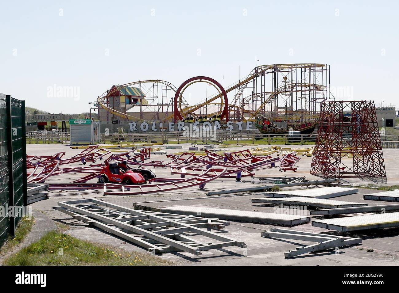A deserted and disassembled funfair in Southport, as the UK continues in lockdown to help curb the spread of the coronavirus. Stock Photo