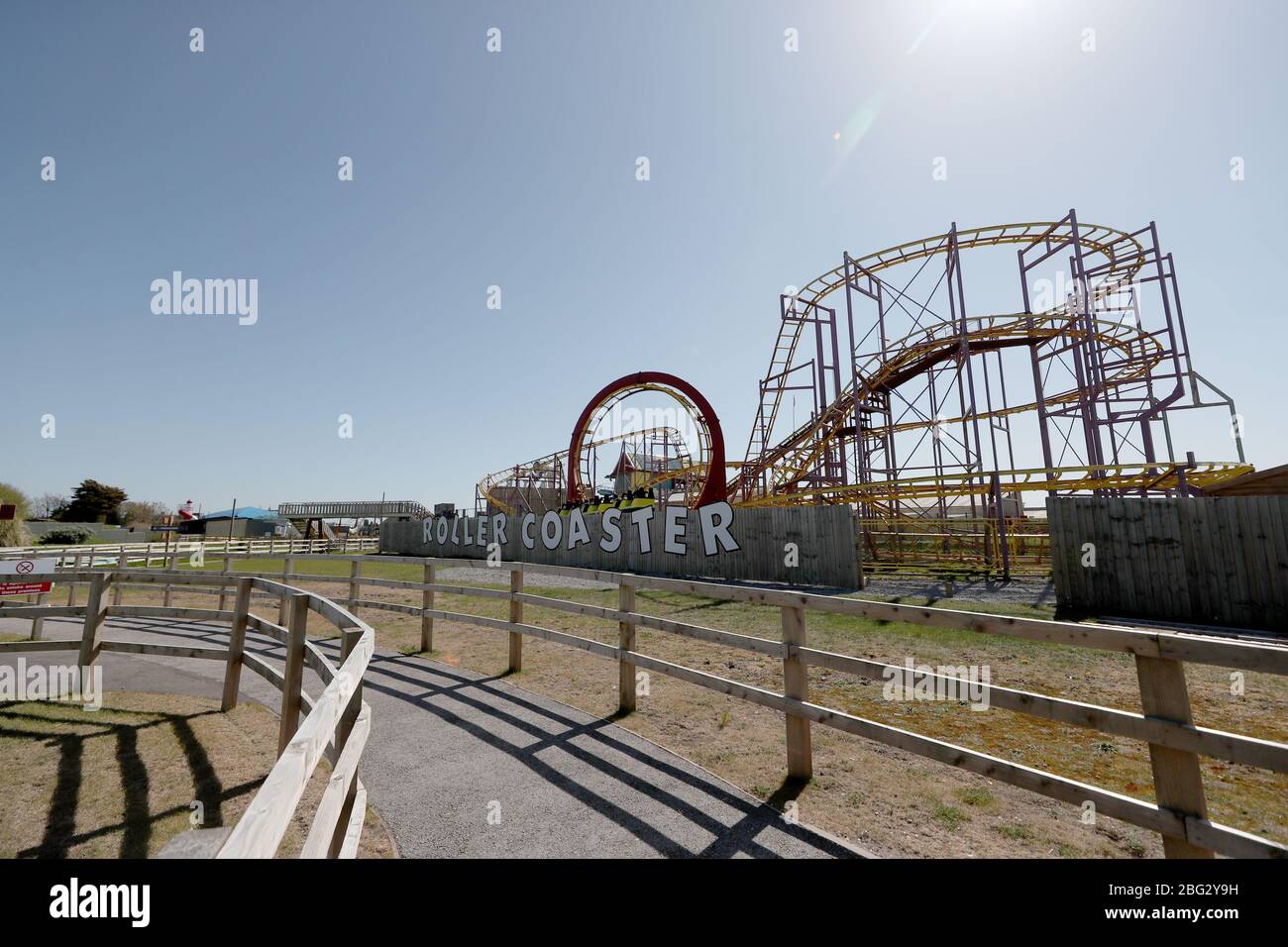 A deserted and disassembled funfair in Southport, as the UK continues in lockdown to help curb the spread of the coronavirus. Stock Photo