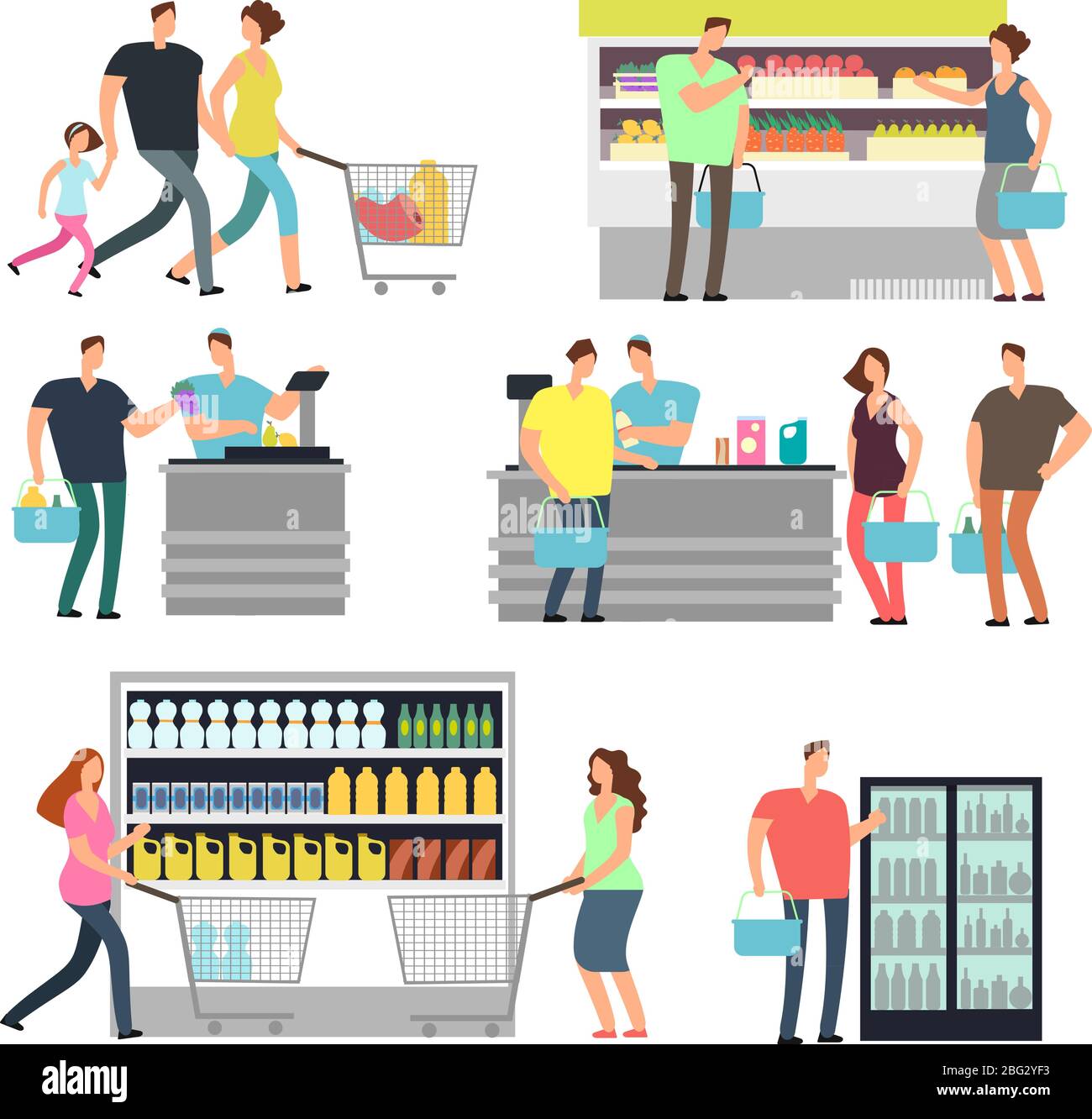 Shopping shop people in supermarket. Family buyers and store employees in mall vector icons set. Supermarket and customer, shopper in grocery retail i Stock Vector