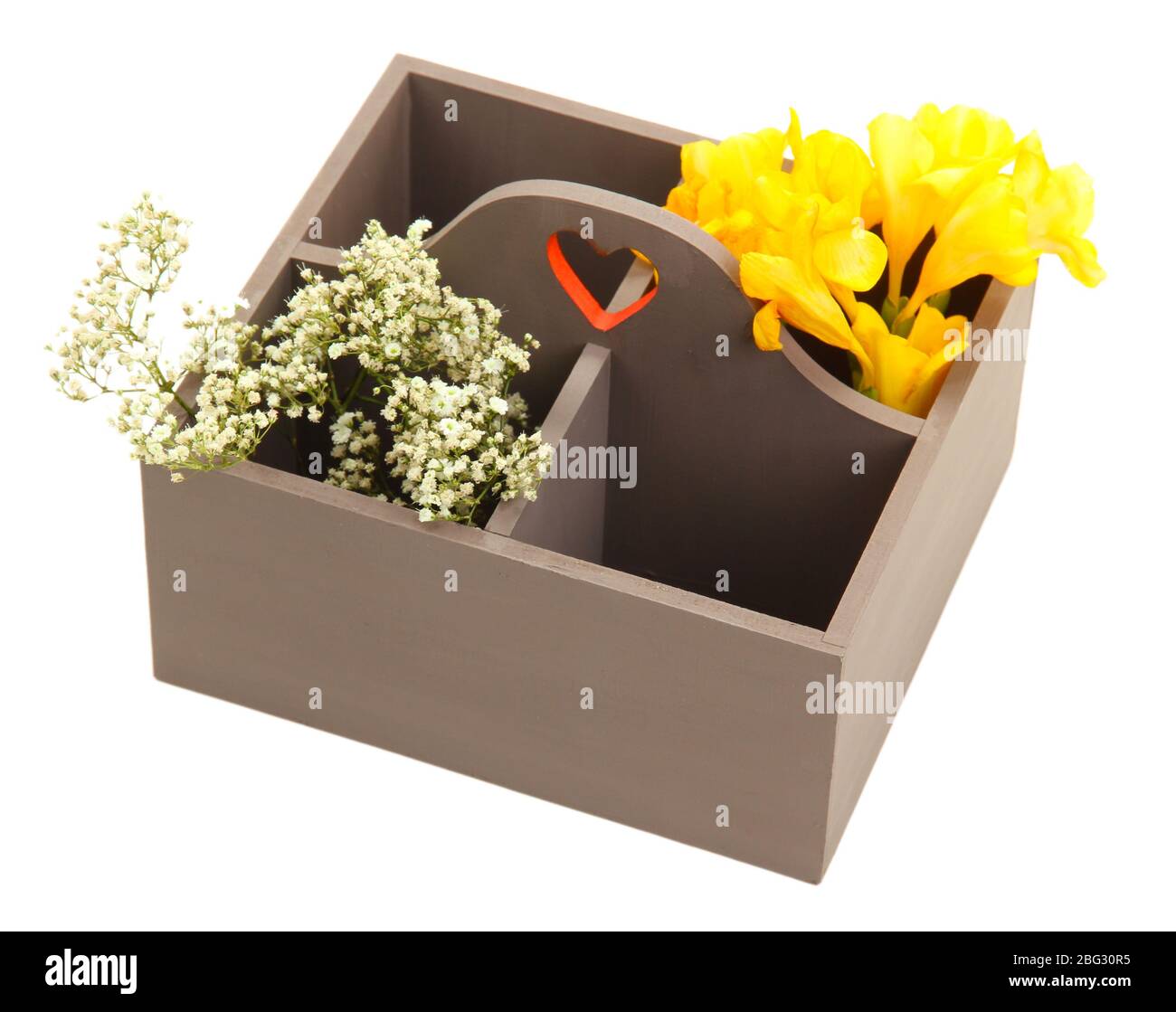 Beautiful flowers arranged in wooden box isolated on white Stock Photo