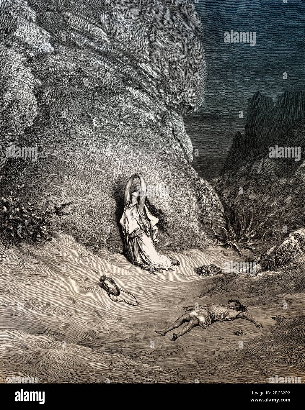 Hagar and Ishmael in the Wilderness, Old Testament, woodcut by Gustave
