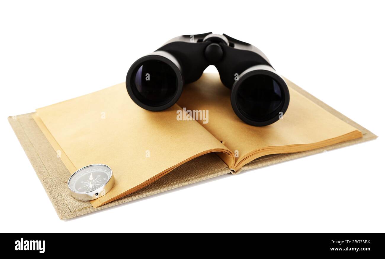 Black modern binoculars with old notebook isolated on white Stock Photo