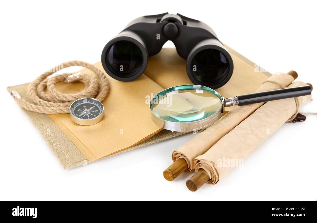 Black modern binoculars with old notebook isolated on white Stock Photo