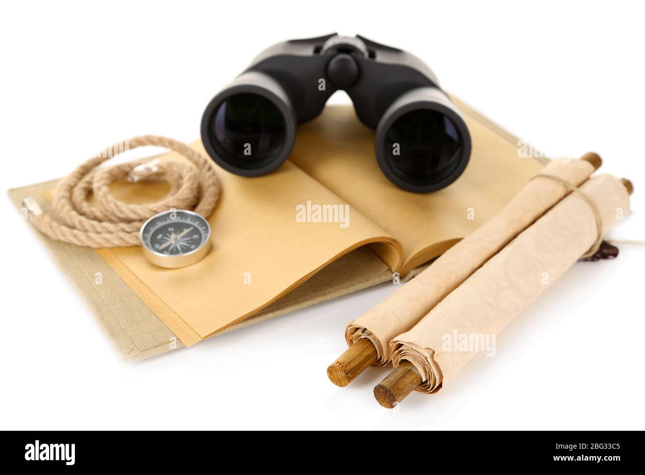 Black modern binoculars with old notebook isolated on white Stock Photo