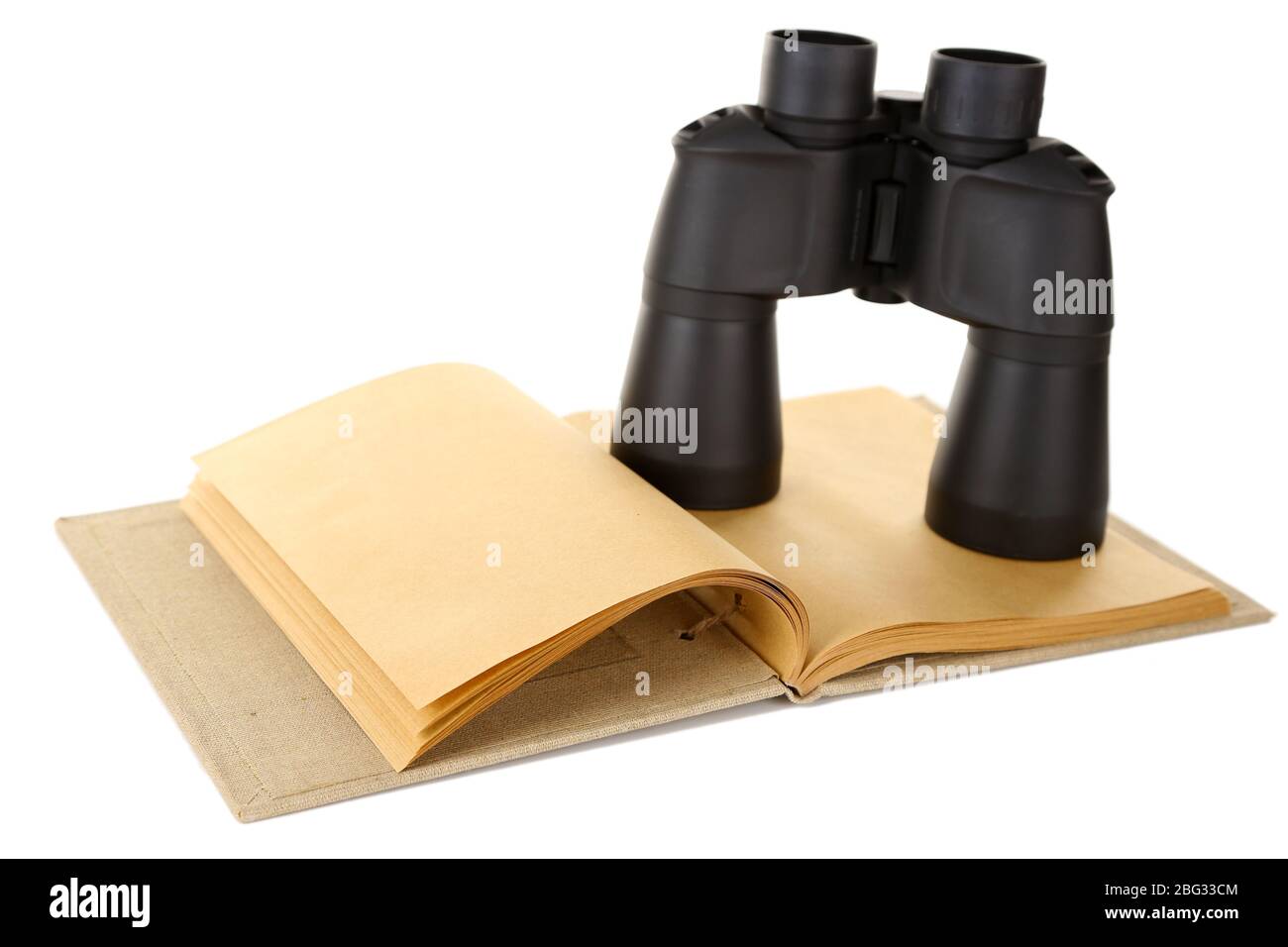 Black modern binoculars with old notebook isolated on white Stock Photo