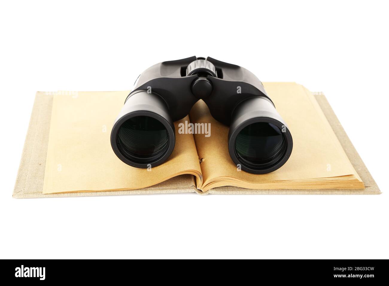 Black modern binoculars with old notebook isolated on white Stock Photo