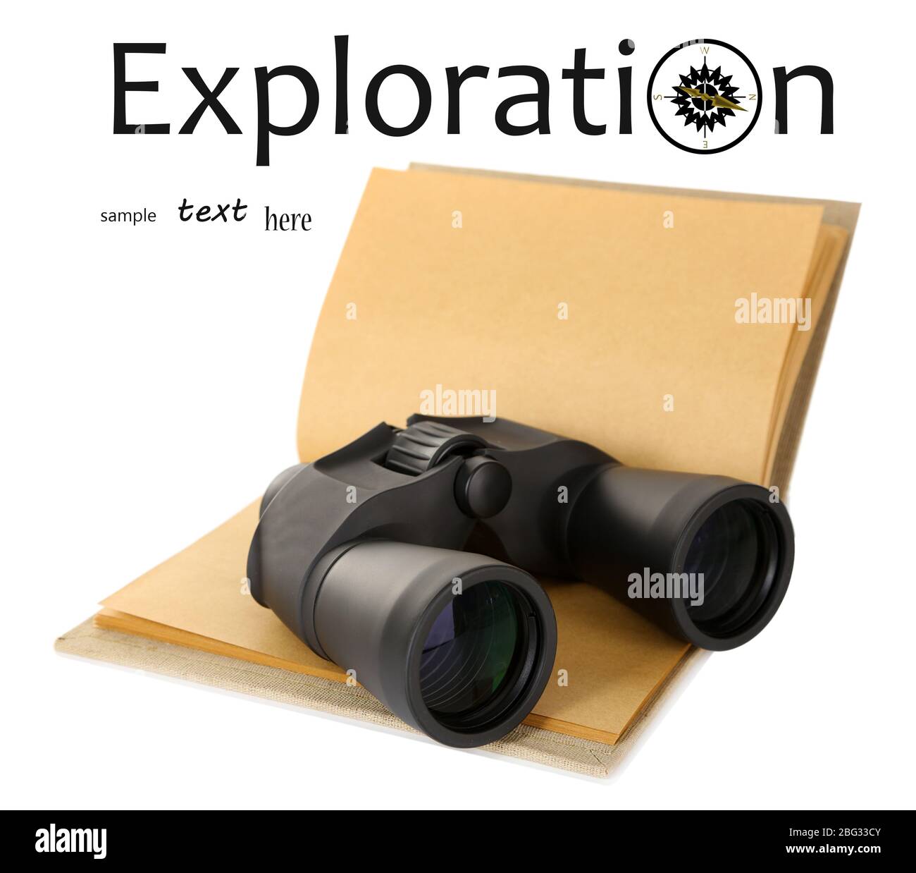 Black modern binoculars with old notebook isolated on white Stock Photo