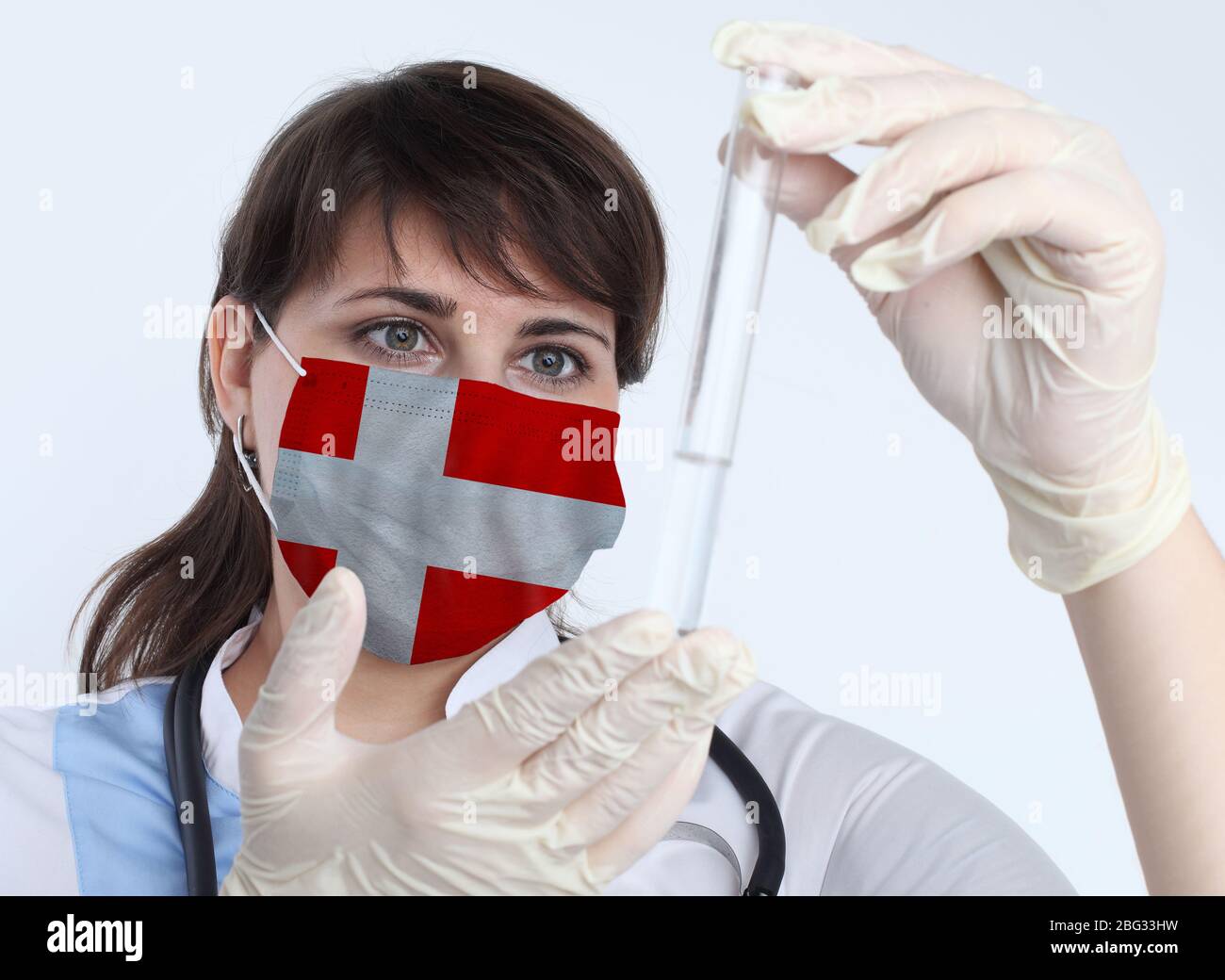 Scientist woman and mask Denmark flag. Research of viruses in