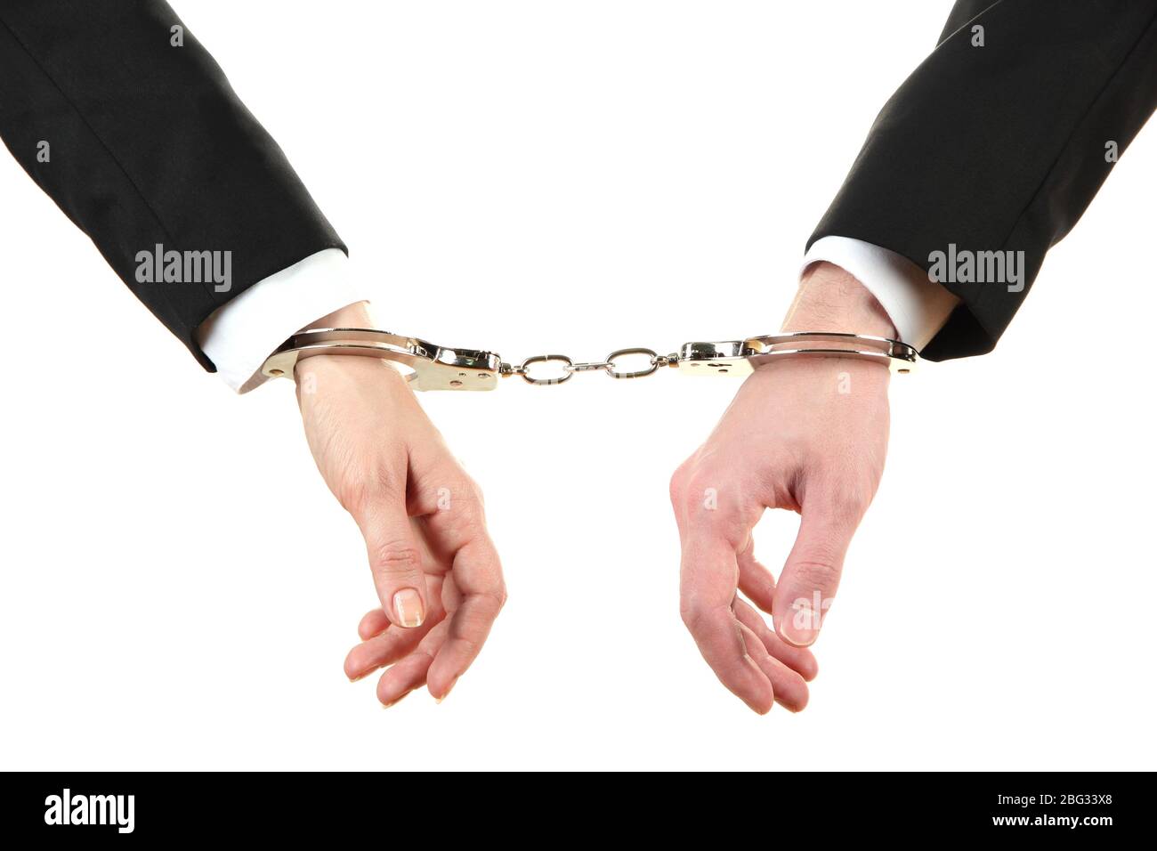 Man and woman hands and breaking handcuffs isolated on white background