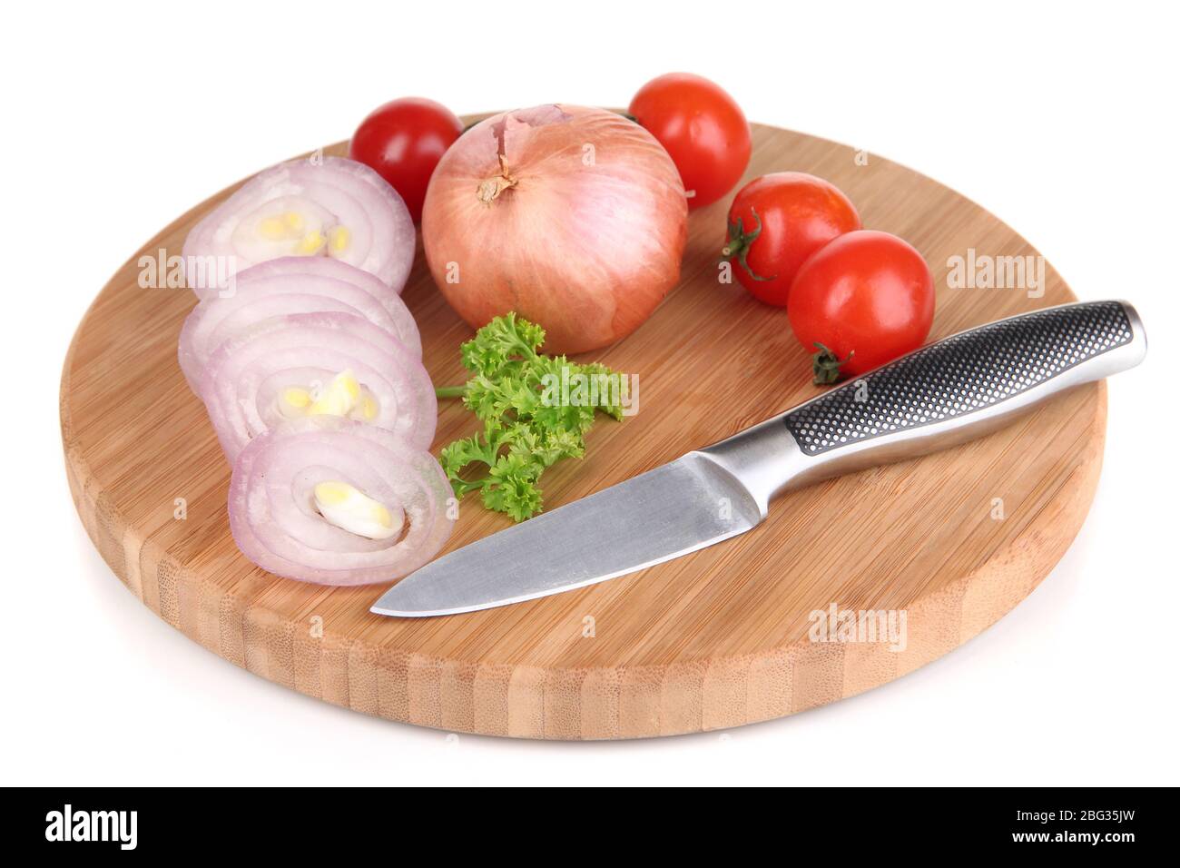 Onion cut with rings on wooden board isolated on white Stock Photo - Alamy