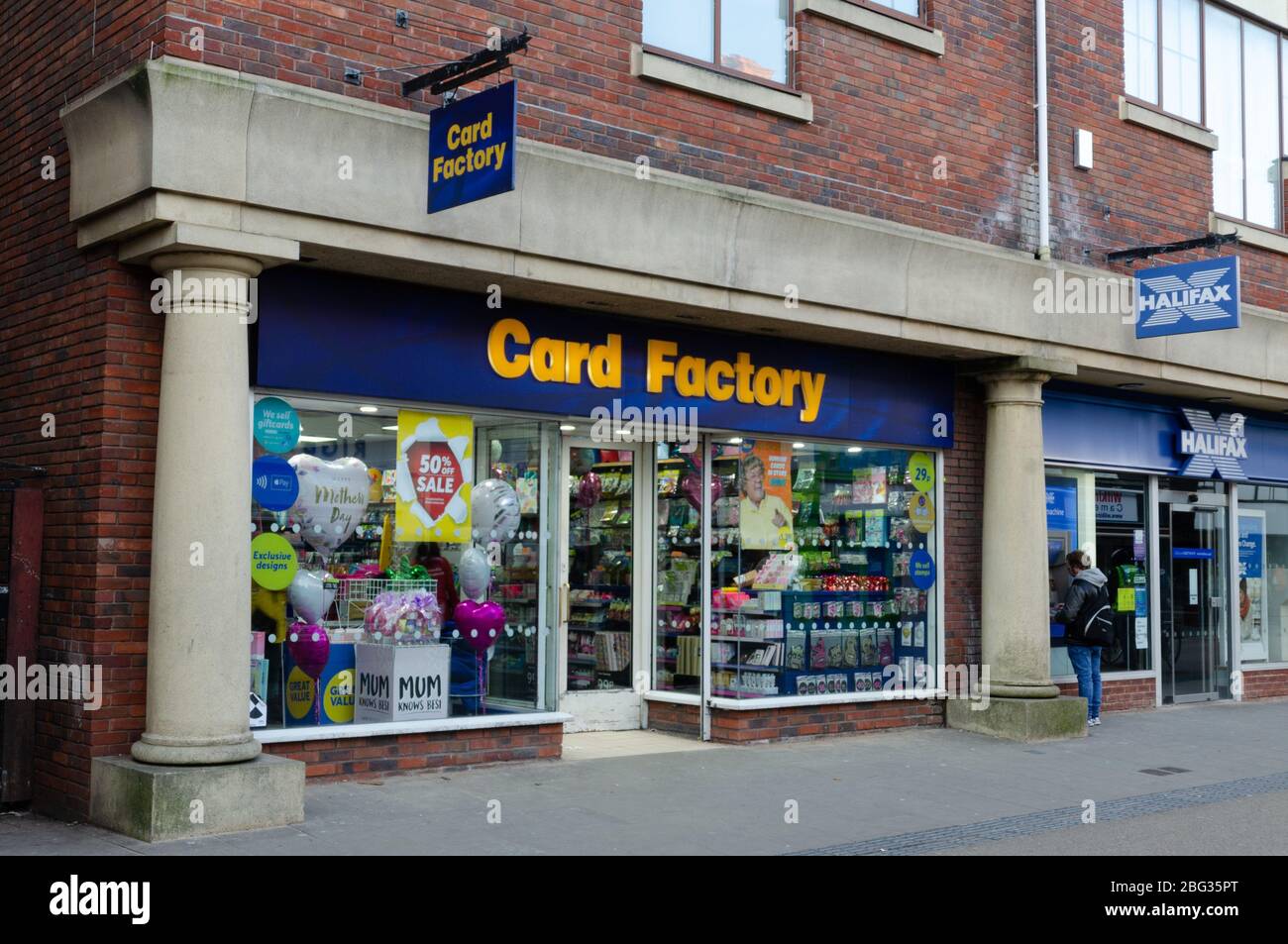 Chester, UK: Mar 1, 2020: A 50% sale is promoted at the Card Factory store on Frodsham Street. Stock Photo