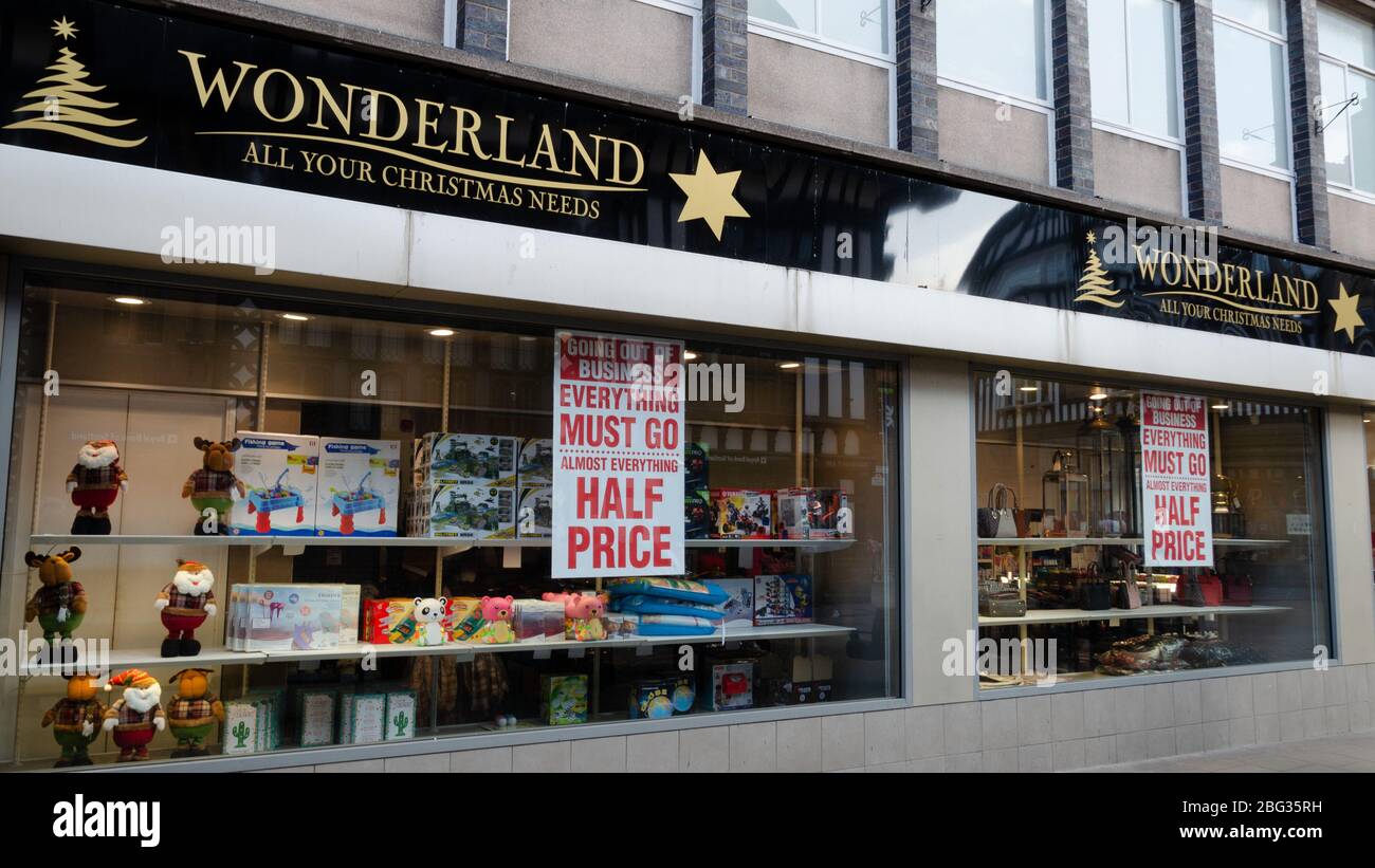 Chester, UK: Mar 1, 2020: A clearance sale in progress at The Wonderland Christmas store on Frodsham Street. Stock Photo