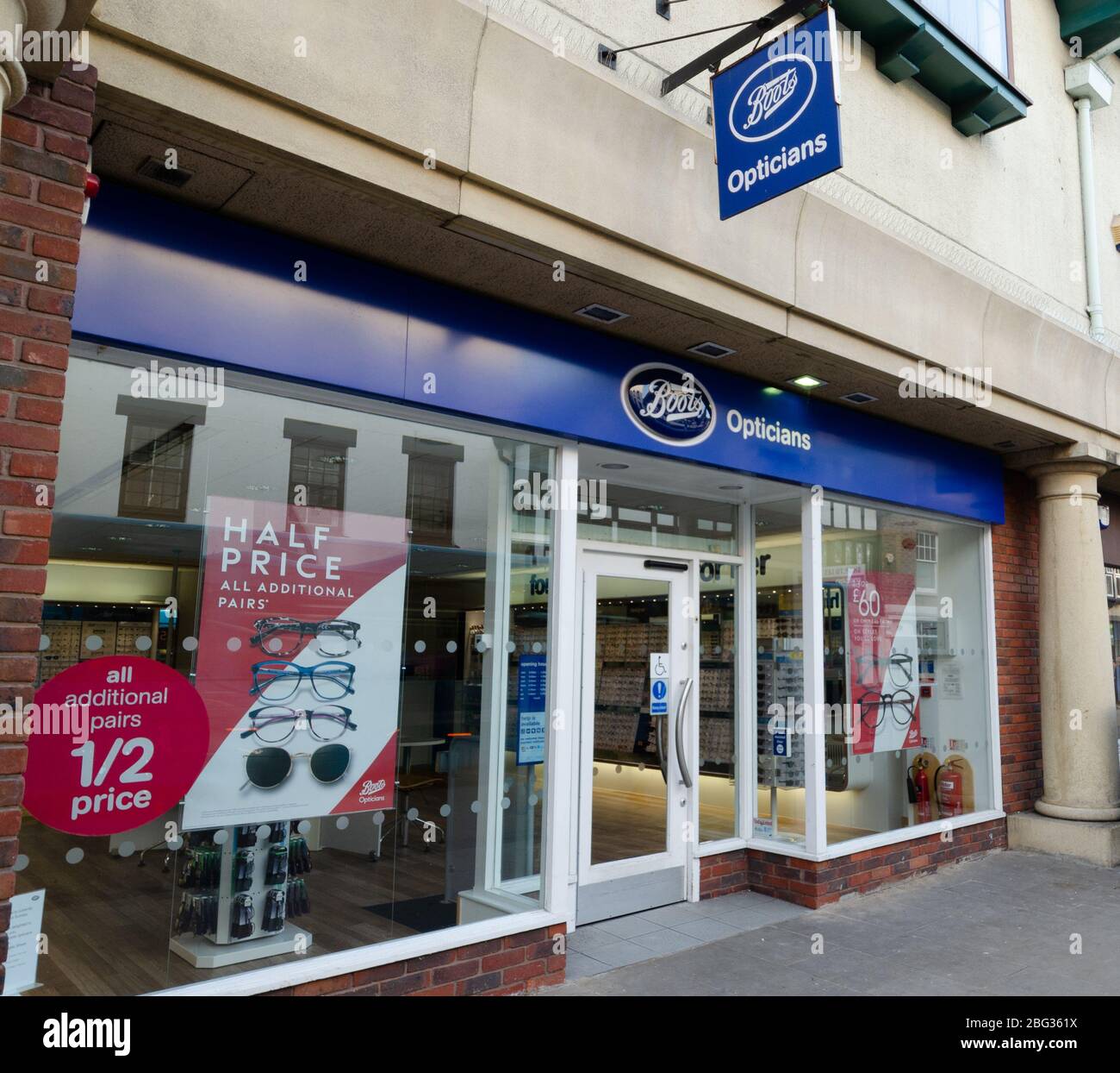 Chester, UK: Mar 1, 2020: Half price promotion is underway at the Frodsham Street branch of Boots Opticians Stock Photo