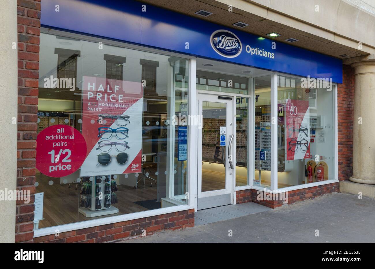 Chester, UK: Mar 1, 2020: Half price promotion is underway at the Frodsham Street branch of Boots Opticians Stock Photo