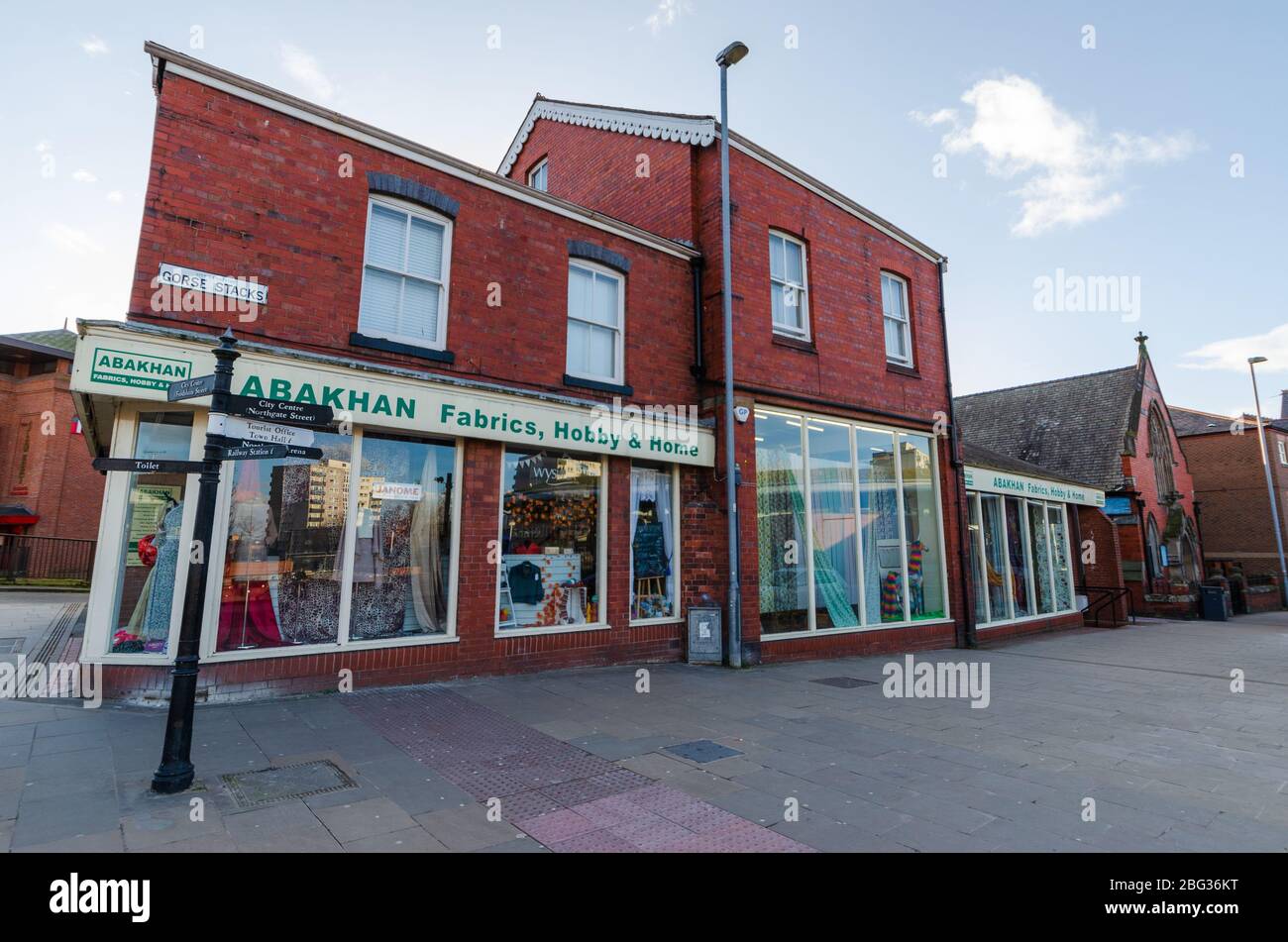 Chester, UK: Mar 1, 2020: The Frodsham Street branch of Abakhan is a retail shop which sells fabrics, haberdashery, yarns and accessories. Stock Photo
