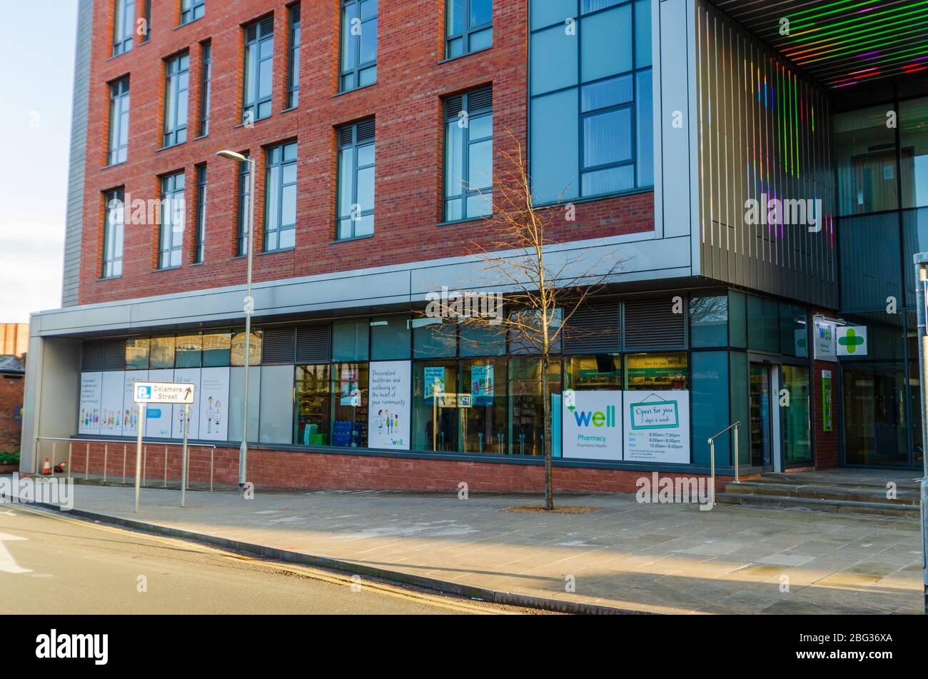 Chester, UK: Mar 1, 2020: The Well Pharmacy retail shop on Delamere Street is open seven days a week. Stock Photo