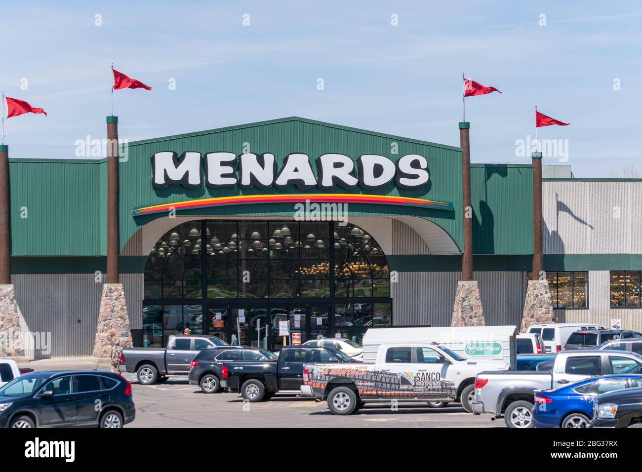 NORTHFIELD, MN/USA - APRIL 18, 2020: Menards retail exterior and trademark logo. Stock Photo