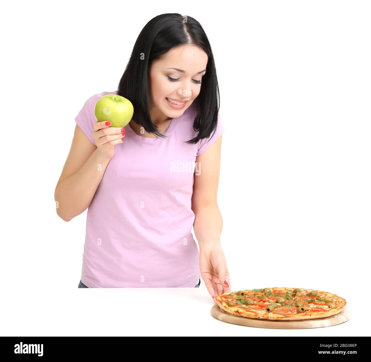 Pretty girl selects pizza or diet isolated on white Stock Photo