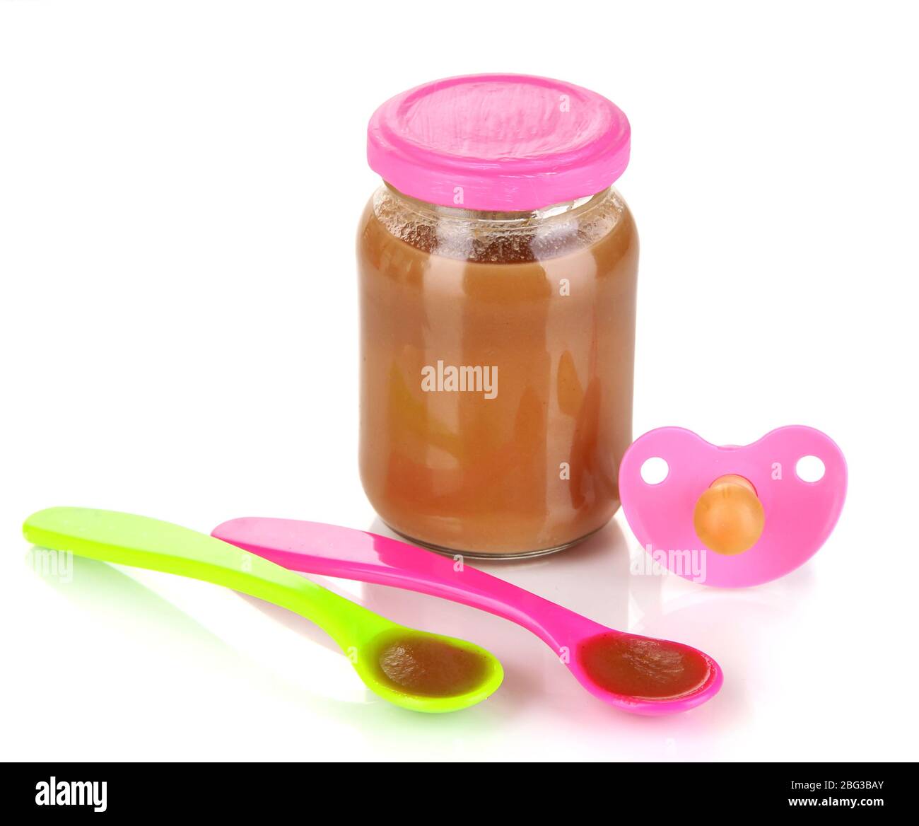 Baby food with baby supplies isolated on white Stock Photo - Alamy
