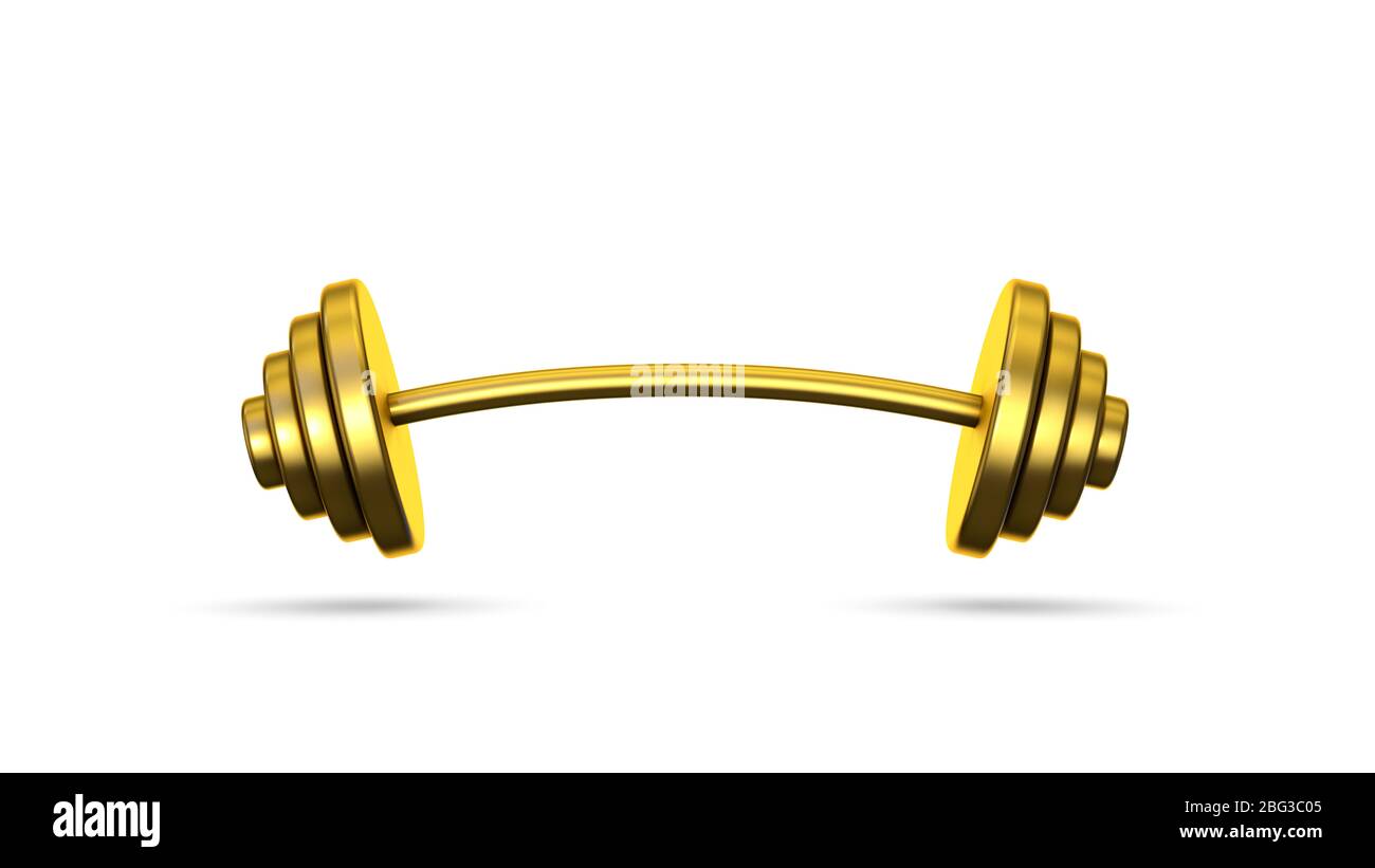 Golden barbell for muscle building in gym 3d illustration isolated on white background Stock Photo