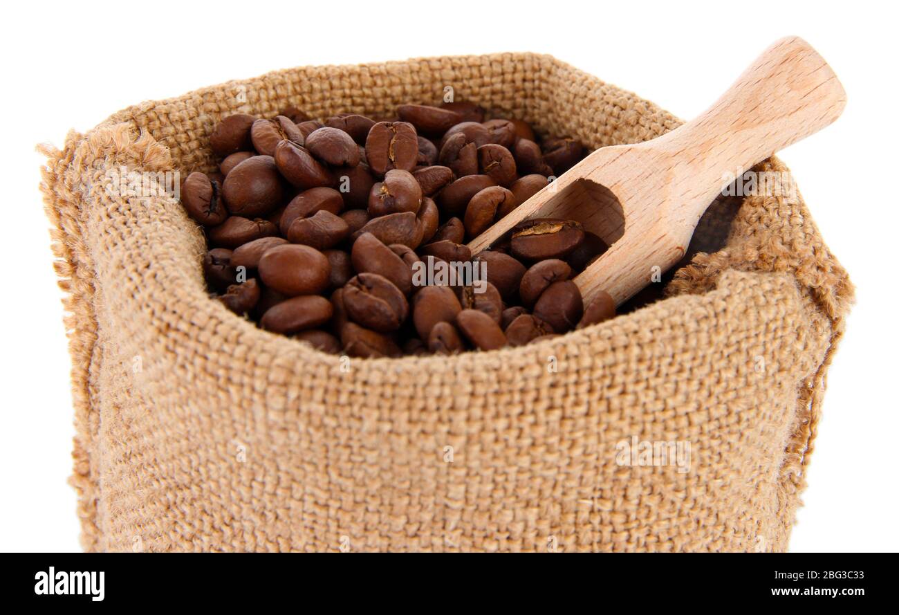 Coffee beans in sack isolated on white Stock Photo - Alamy